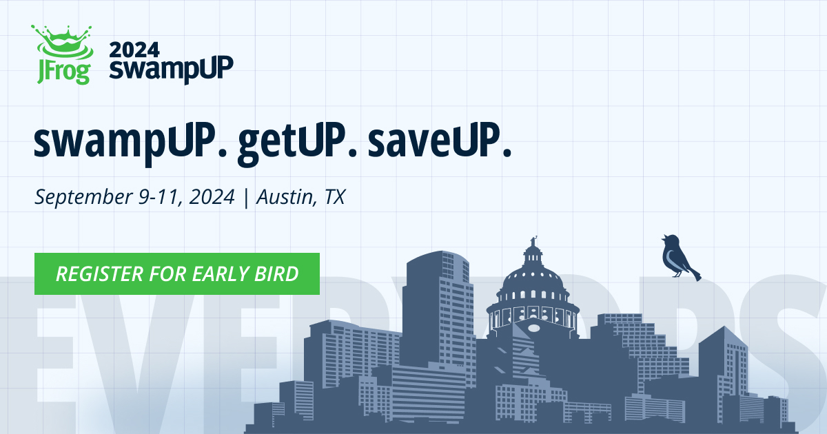 Returning this fall from September 9 to 11 in Austin, Texas is #swampUP2024! 🐸

Join the world’s leading developers, engineers, & innovators in the #DevOps, #DevSecOps, & #MLOps conference of the year.

Register now for the Early Bird discount of 50% off: jfrog.co/445qNk5