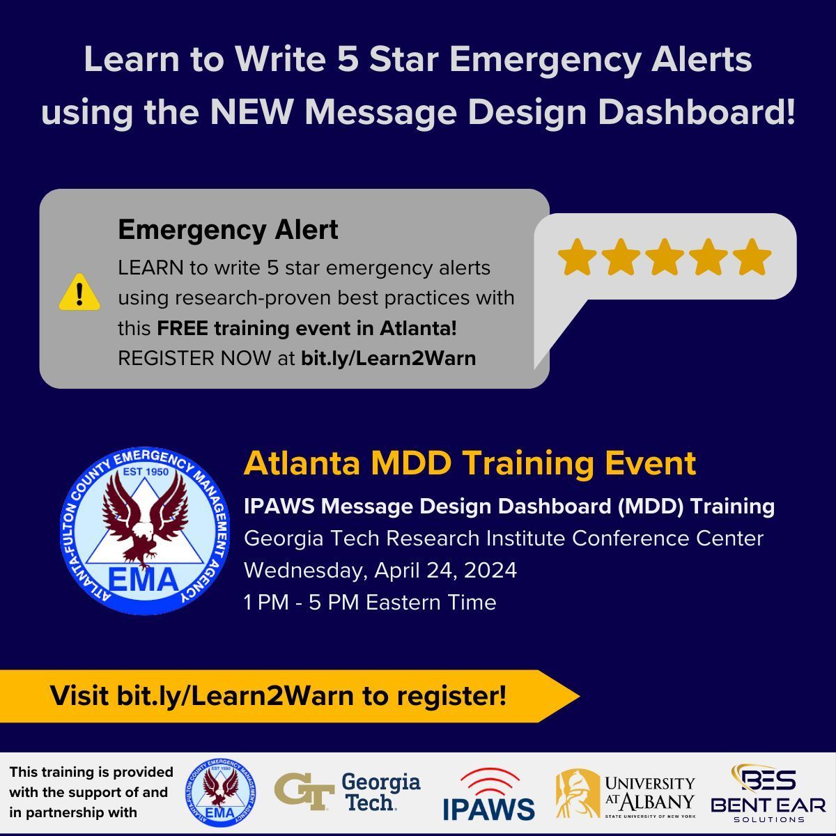 📣 Our MDD training team will be in Atlanta next week to deliver a FREE, in-person training for Effective Message Writing and the Message Design Dashboard, hosted by @afcema at @GeorgiaTech! 🔗 Learn more and register at bit.ly/learn2warn. #Learn2Warn #EMGTwitter