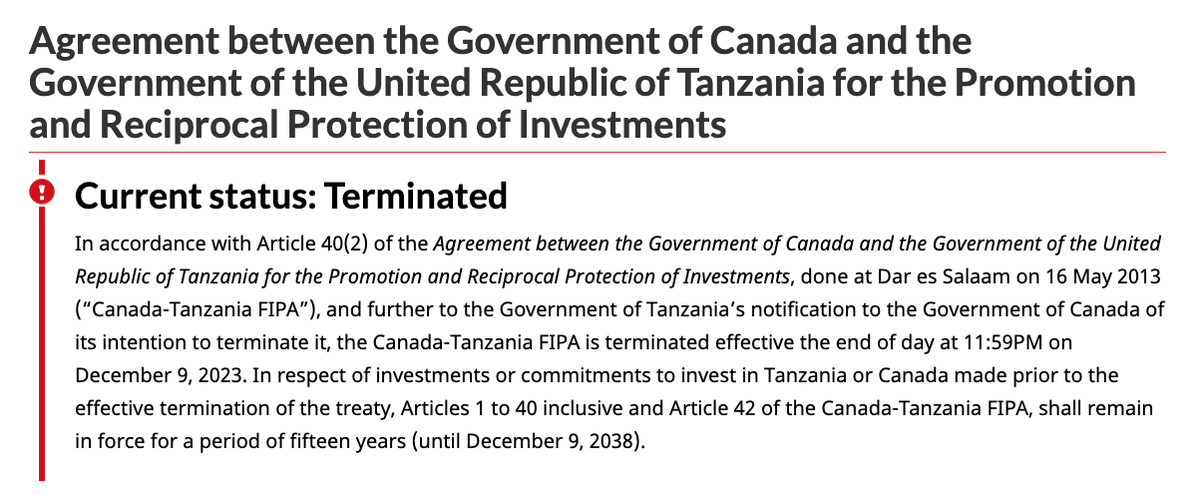 We need more of this: Global Affairs posts notice of Tanzania's unilateral termination of its investment treaty (FIPA) w/ Canada. #ISDS.