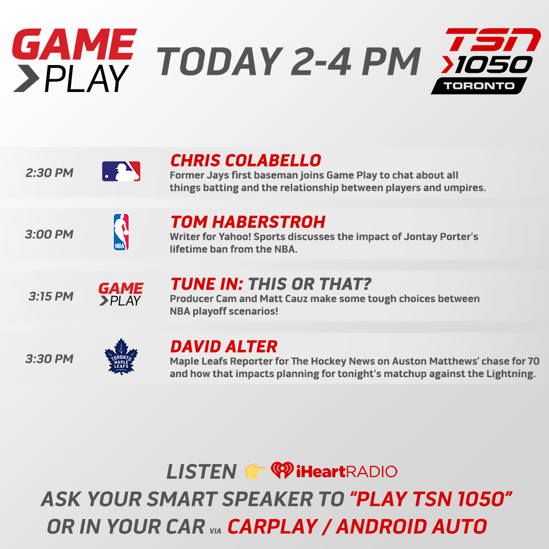 Today on #GamePlay, @mcauz56 will be joined by @CC20rake, @tomhaberstroh and @dalter! Listen from 2-4pm on your home speakers, @TSN_Sports App, @iHeartRadioCA App or player.toronto.tsn.ca!