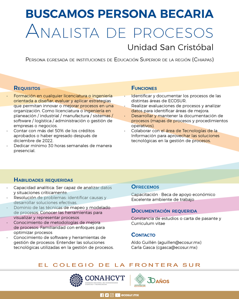 ¡Oportunidad! #Beca en 𝐀𝐧𝐚𝐥𝐢𝐬𝐭𝐚 𝐝𝐞 𝐩𝐫𝐨𝐜𝐞𝐬𝐨𝐬. ✅Para más información escribe a los correos: aguillen@ecosur.mx cgasca@ecosur.mx