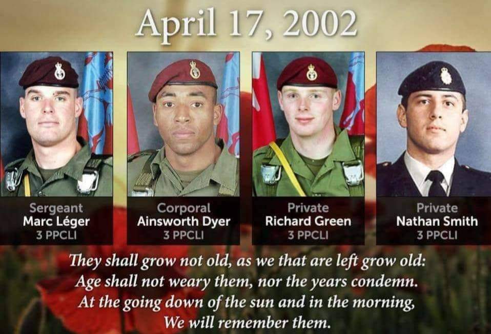 Kandahar Afghanistan 🇦🇫 
April 17th, 2002
4 killed and 8 wounded when an American 🇺🇸 F-16 dropped a 230-kilogram bomb on the Canadians (3 PPCLI)
 
#LestWeForget 🍁
Sergeant Marc D. Léger 🇨🇦
Corporal Ainsworth Dyer 🇨🇦
Private Richard Green 🇨🇦
Private Nathan Lloyd Smith 🇨🇦