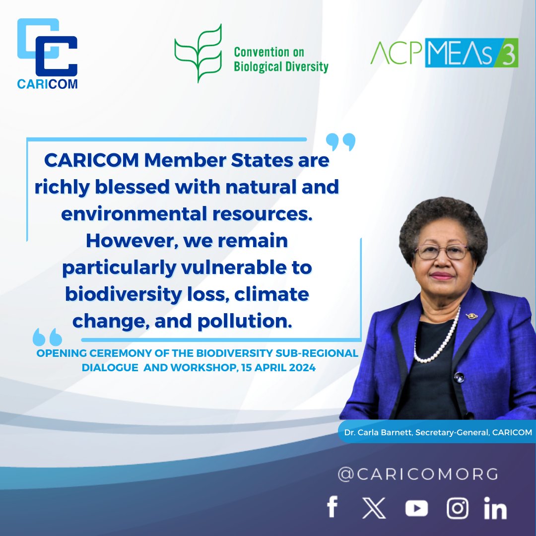 #ICYMI: @SG_CARICOM delivered remarks at the opening of the Sub-Regional Dialogue on National Biodiversity Strategies and Action Plans, and Workshop on Target 3 of the Global Biodiversity Framework for the Caribbean Countries on 15 Apr 2024. Remarks: ow.ly/kpfc50RiqOG