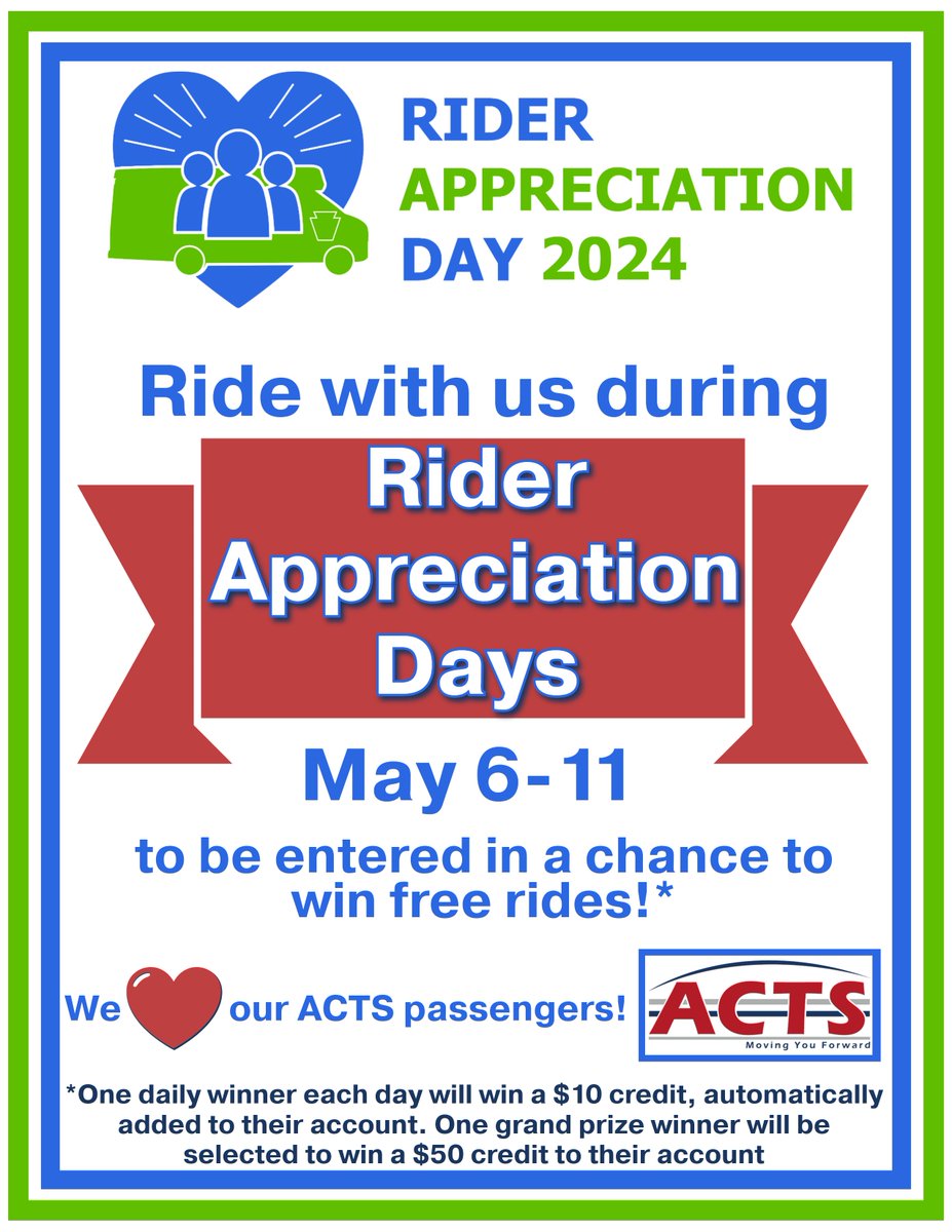 📣Ride with ACTS - Allied Coordinated Transportation Services during Rider Appreciation Days for a chance to win free rides!! 🚎 #RideWithUs #HereToGetYouThere #RAD #RiderAppreciationDays