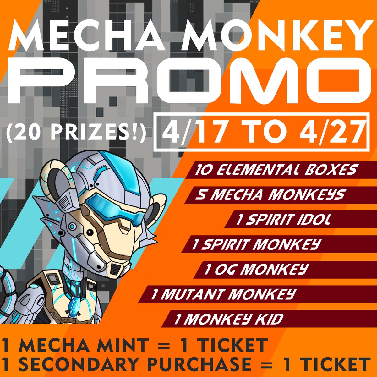 BTCMonkeys's tweet image. 50% of the Collection Minted! @BTCMonkeys 

Mint Promo Starting Today!
10 Days, 20 Prizes, 20 Winners!

1 Mecha Monkey Mint = 1 Ticket
1 Mecha Purchased on Secondary = 1 Ticket
stacks.gamma.io/collections/me…

#GameFi #STX #Bitcoin #BitcoinHalving