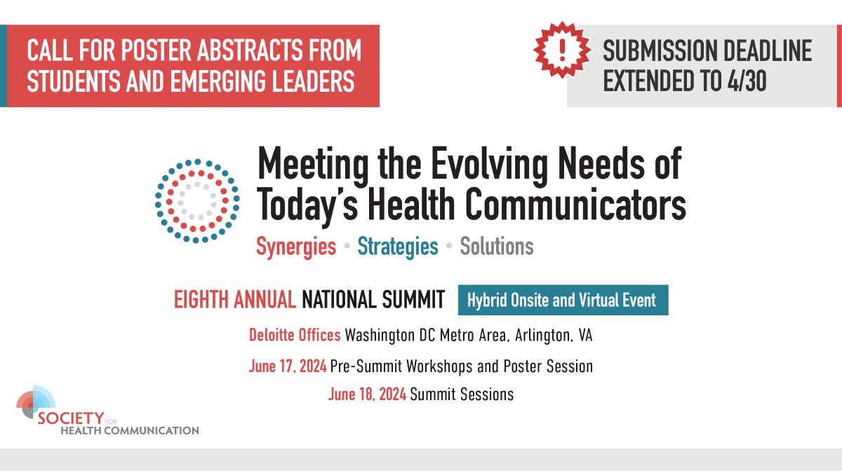 Deadline for submissions has been extended to April 30! The Society for Health Communication invites students and emerging leaders to submit their work to be considered for the inaugural poster session. Submission form can be found here: ow.ly/sGlM50QZ9Xo #SHCSummit24