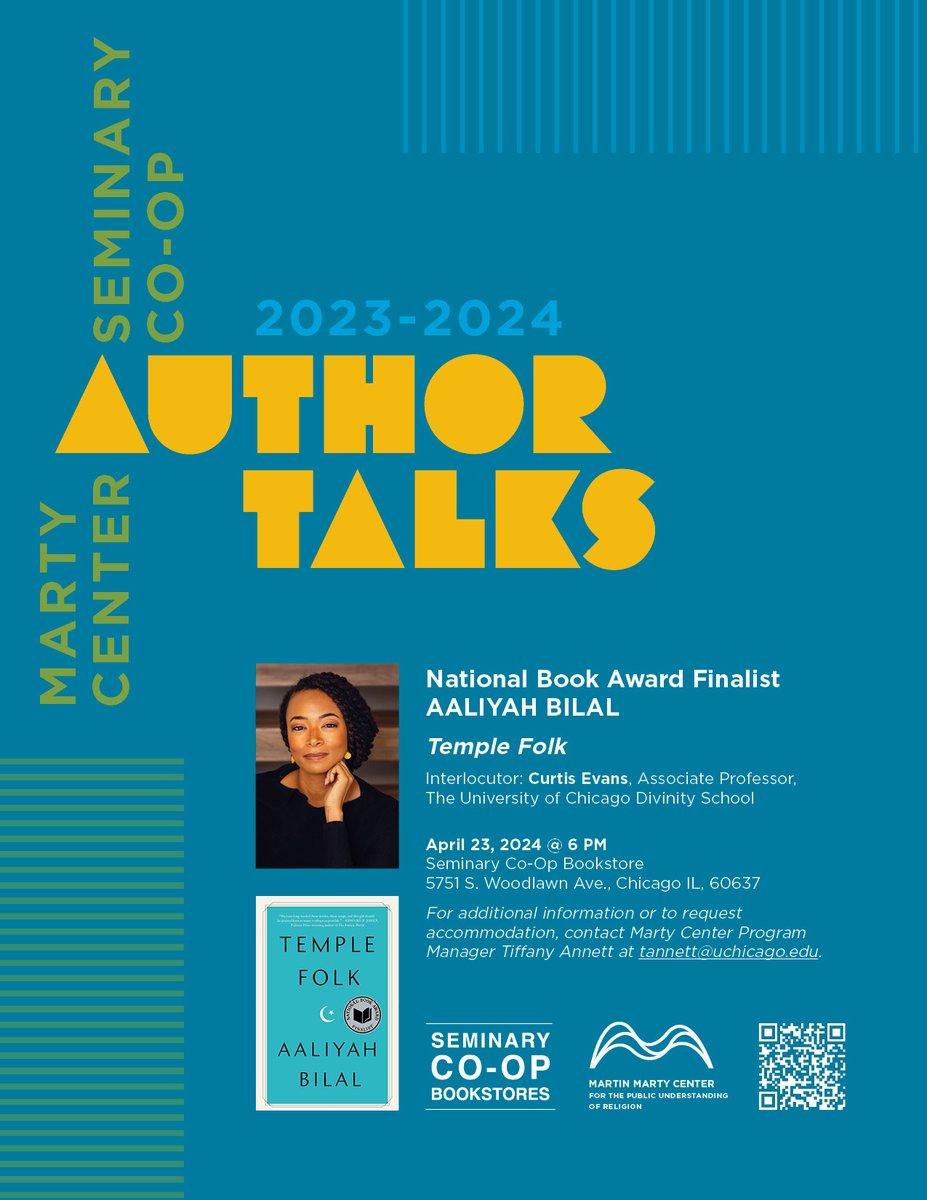 Next week! Join @MartyCenter and @SeminaryCoop for an author talk with National Book Award Finalist @aaliyahbilal! In conversation with Marty Center Faculty Co-Director Curtis Evans, Bilal will discuss her recent book 'Temple Folk.' Learn more: martycenter.org/events/author-…