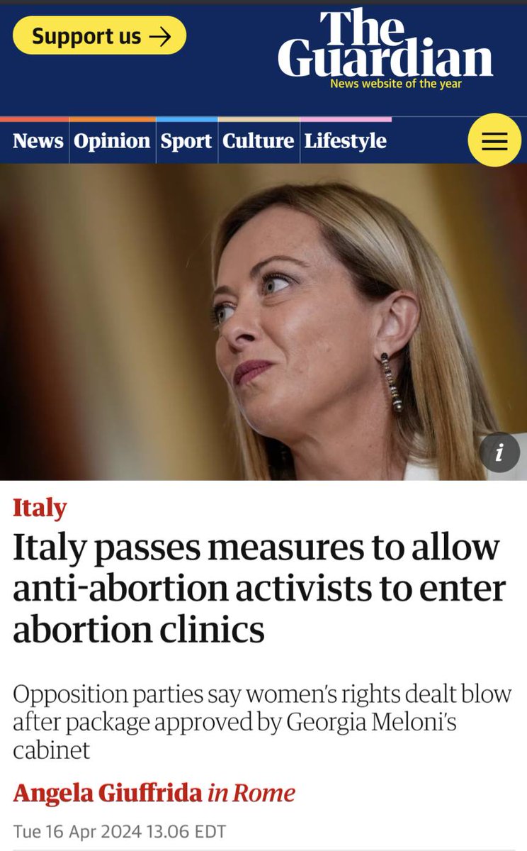 Italy is going to allow anti-abortion protesters to enter abortion clinics. Meloni added this to a post pandemic fund paid by the EU to benefit Italy.