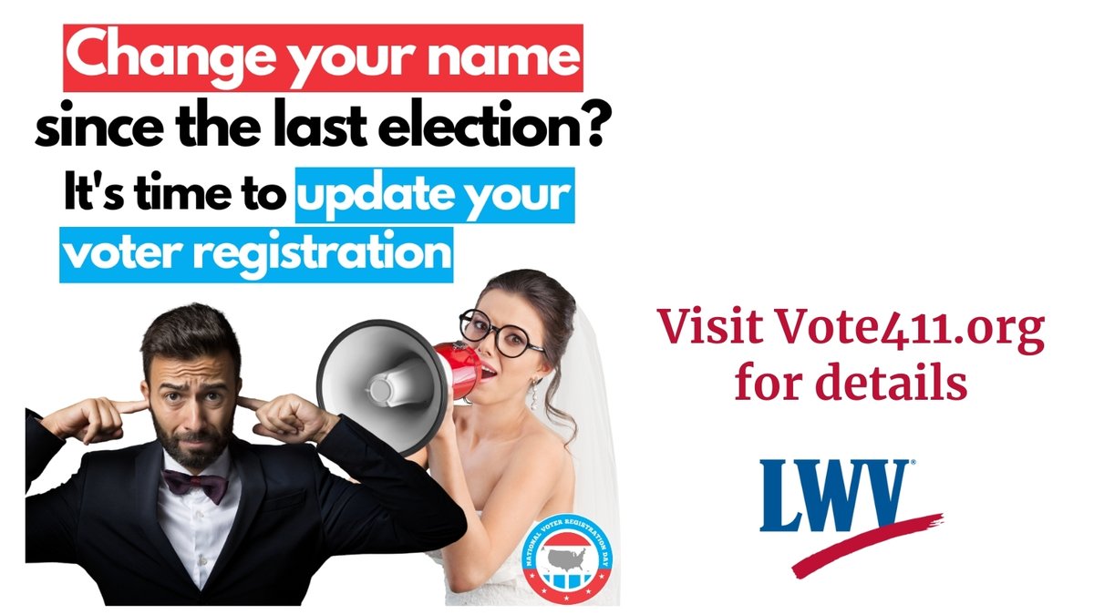 Have you changed your name since last Election Day? 💍 

Make sure you’re registered to vote with your new one! 

Learn how to update it using Vote411.org

#LWVD #LWVT #LWV #Vote411 #VoteReady