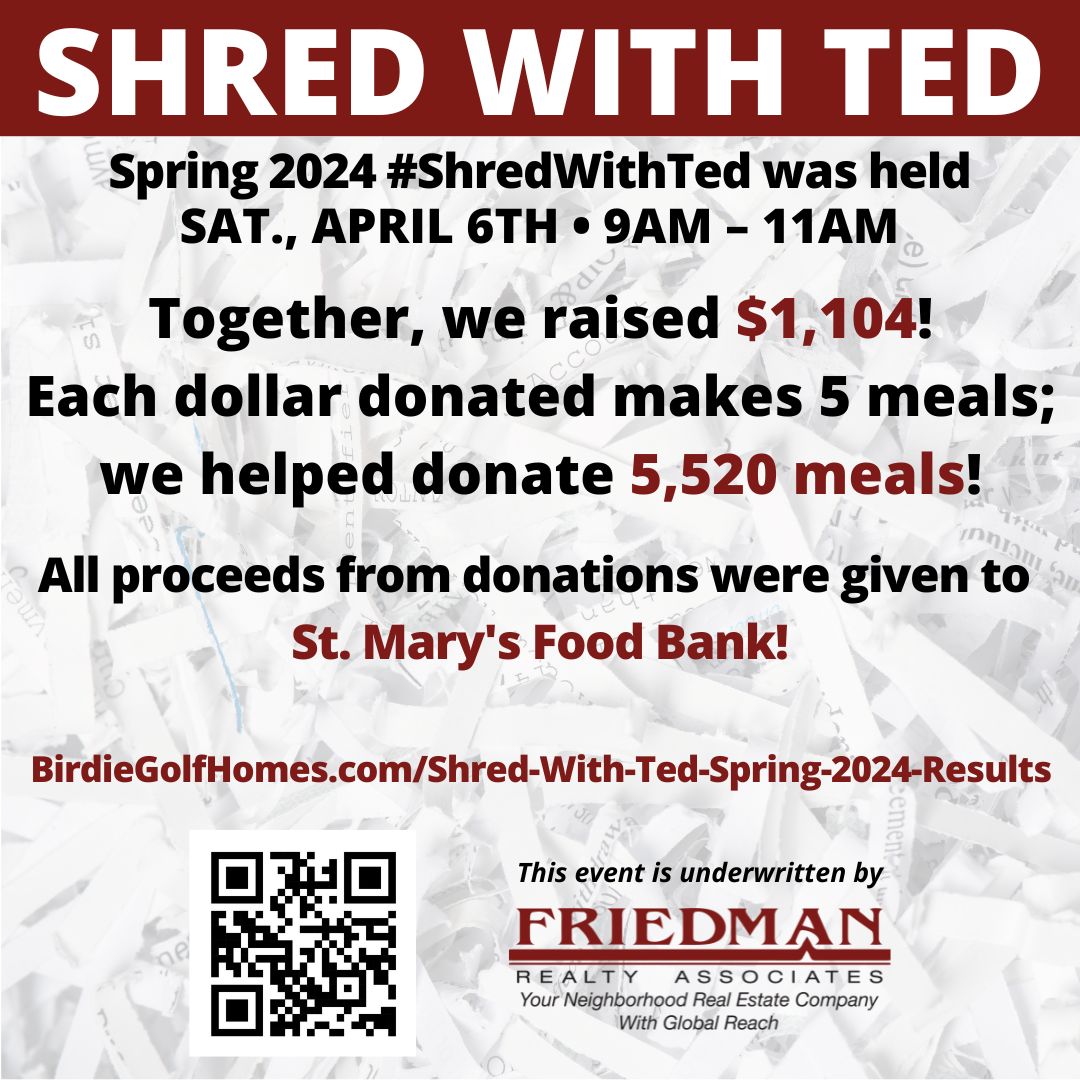 Thanks to everyone from the Vistancia area who helped make our Spring 2024 #ShredWithTed event a huge success! Together, $1,104 dollars was raised for @StMarysFoodBank! bit.ly/3xuD19E #ShredWithTed #TrilogyAtVistancia #FriedmanRealtyAZ #donationsmakeadifference #PeoriaAZ