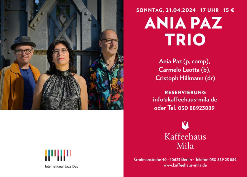 aniapaz's tweet photo. Totally looking forward to celebrating #InternationalJazzDay

#savethedate #AniaPazTrio at @kaffeehausmila with @christophhillmann and @carmelo_leotta_ 

#jazzday #jazz #jazzinberlin #berlinjazz #berlinmusic #concert #livemusic #berlinconcert  #womeninjazz #womeninmusic https://t.co/1rVI1z5CY9