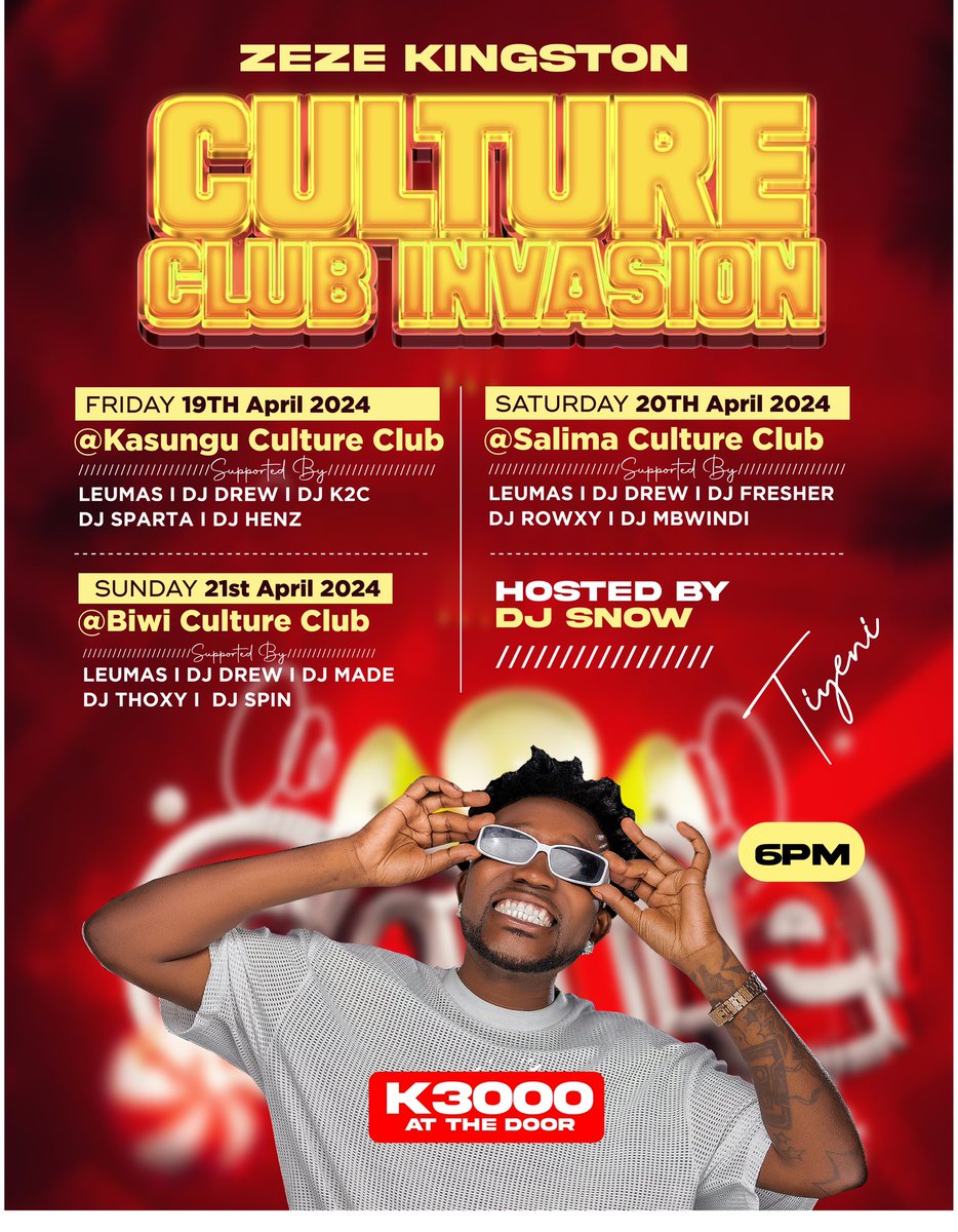 ‼️CULTURE CLUB INVASION FIRST OF IT’S KIND‼️ Friday 19th April - Kasungu Culture Club Saturday 20th April - Salima Culture Club Sunday 21st April - Biwi Culture Club EYO TIYENI🔥🔥🔥🔥