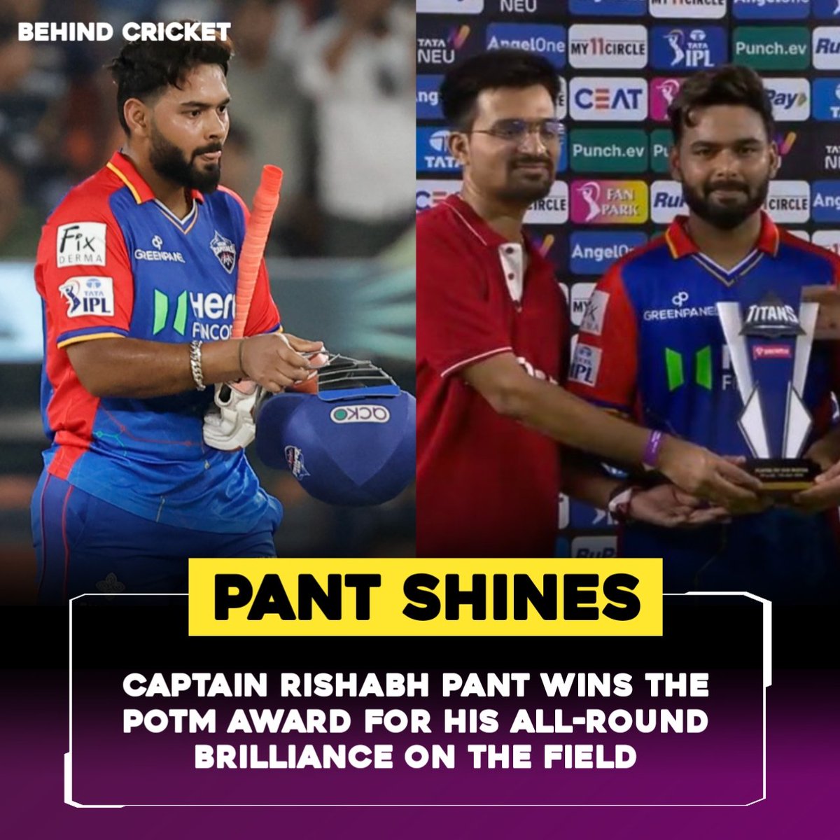 behindCric8's tweet photo. 2 Catches, 2 Stumping, 16*(11) with the bat,  Brilliant Captaincy, Awarded POTM 👊🔥

- THE AMAZING CAPTAIN RISHABH PANT ♥️ https://t.co/gJay1VOFsw