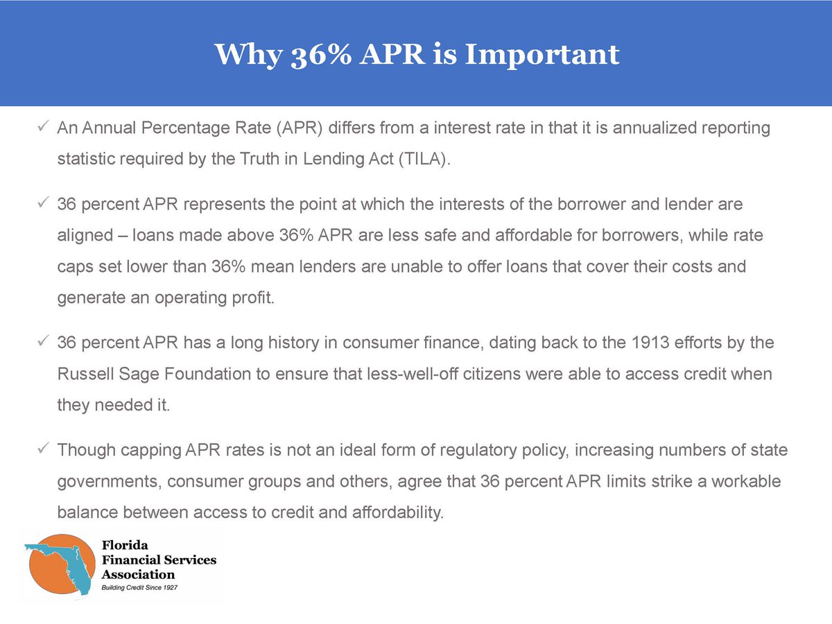 APR Caps of 36% has a long history in consumer finance dating back to 1913.  Florida is 111 years behind. #florida, #consumerfinance #financailservices #lending #loans #accesstocredit