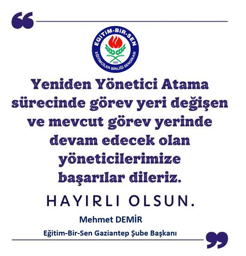 MehmetDemirEBS's tweet photo. 1-Yönetici atama sürecinde yeniden görevlendirmeyle görev yeri değişen ve mevcut görev yerinde devam edecek olan eğitim kurumu yöneticilerimizin görevlendirmelerinin hayırlı olması temennisiyle, görevlerinde muvaffakiyetler dilerim…@GokAhmet27 @_aliyalcin_ https://t.co/ib3IuoWsSJ
