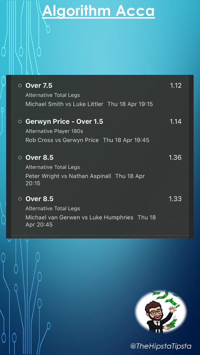 Thursday’s FREE PDC Premier League Darts Algorithm Acca 🎯 

Michael Smith 🏴󠁧󠁢󠁥󠁮󠁧󠁿 v Luke Littler 🏴󠁧󠁢󠁥󠁮󠁧󠁿
Rob Cross 🏴󠁧󠁢󠁥󠁮󠁧󠁿 v Gerwyn Price 🏴󠁧󠁢󠁷󠁬󠁳󠁿 
Peter Wright 🏴󠁧󠁢󠁳󠁣󠁴󠁿 v Nathan Aspinall 🏴󠁧󠁢󠁥󠁮󠁧󠁿 
Michael Van Gerwen 🇳🇱 v Luke Humphries 🏴󠁧󠁢󠁥󠁮󠁧󠁿