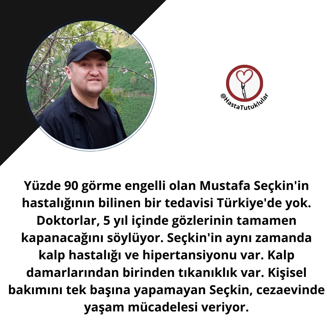 %90 görme engelli olan Mustafa Seçkin'in hastalığının bilinen bir tedavisi Türkiye'de yok. Doktorlar 5 yıl içinde gözlerinin tamamen kapanacağını söylüyor. Seçkin'in aynı zamanda, hipertansiyon ve kalp hastası. Kalp damarlarından birinde tıkanıklık var. MustafaSeçkine Tahliye