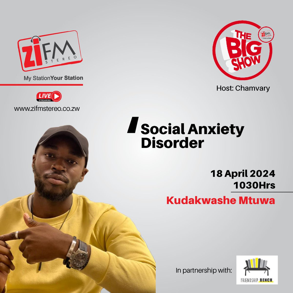 Want to know more about Social anxiety disorder and how you can identify it? Tune in 📻 tomorrow at 10:30AM as Kuda unpacks the concept Live on @ZiFMStereo with @Chamvary. #FriendshipBench #MentalHealthMatters
