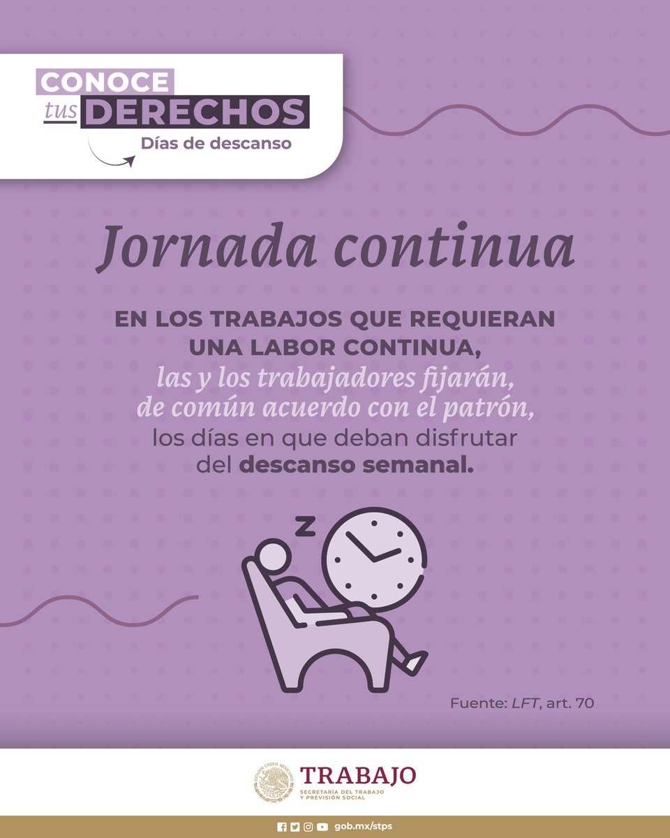 🔵 #PersonaTrabajadora:

¿Trabajas en jornadas continuas? ⏲️💼

Conoce lo que dice la #LeyFederalDelTrabajo 📜 sobre el #DerechoAlDescanso para este tipo de jornada.

⚖️🫶😌

#ConoceTusDerechos #TrabajoDignoYJusto