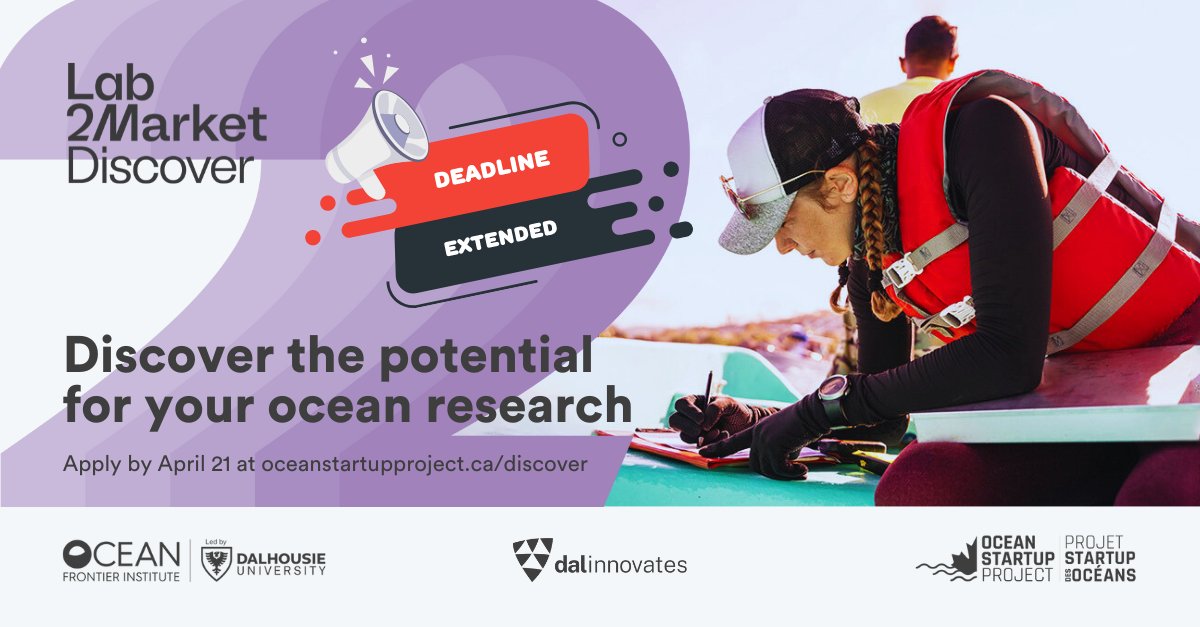 🌊 Application deadline for @Lab2MarketCA Oceans Discover is now April 21 at 11:59 PM PDT! 🚀 Explore research commercialization opportunities, earn microcredentials, and more. Don't miss out: oceanstartupproject.ca/discover #ResearchImpact #OceanInnovation