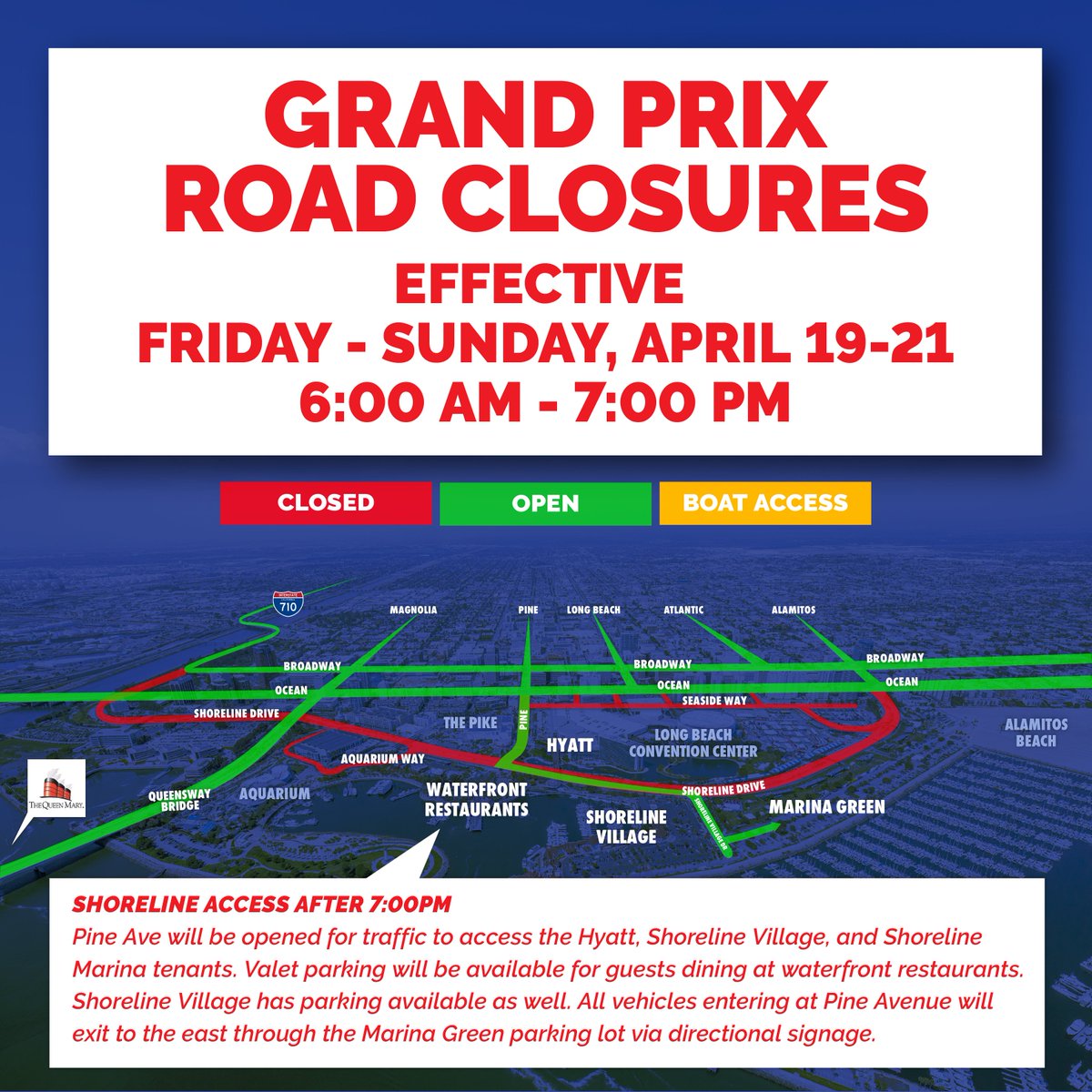 🚧 LONG BEACH GRAND PRIX🚧
SHORELINE ACCESS AFTER 7PM 
Effective FRI-SUN, 4/19-21 
▶︎ Pine will open for traffic to access the Hyatt, Shoreline Village &amp; Shoreline Marina tenants. 
▶︎ Vehicles entering via Pine will exit east via Marina Green.
bit.ly/GP24Closure