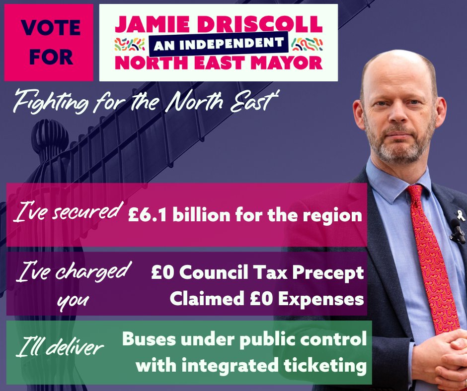 The North East has been neglected for decades. Successive governments of all political persuasions have forgotten us. I want to make sure that changes. I want to fight for our region. Find out how 👉jamiedriscoll.co.uk/news/fighting-…