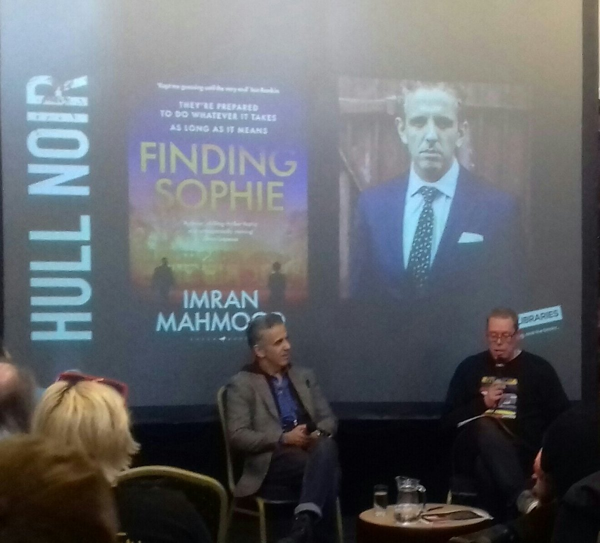Underway at @hull_libraries @HullNoir with @NickQuantrill talking to @imranmahmood777. #FindingSophie.