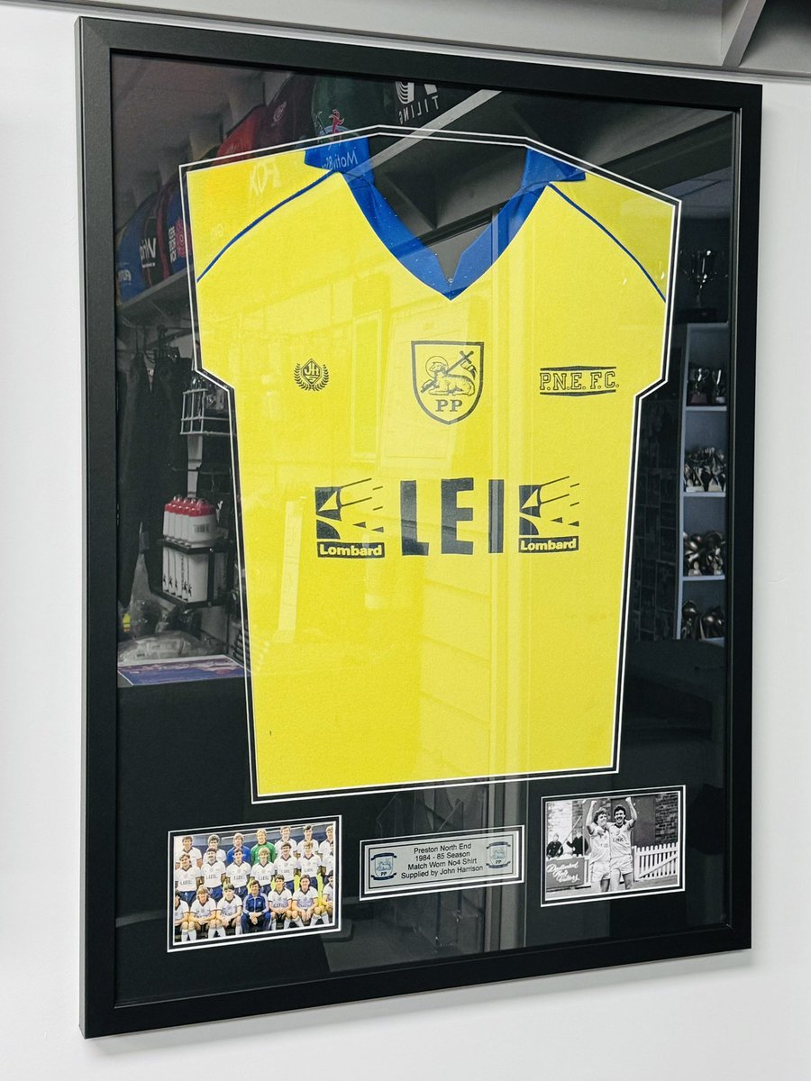 JHSportsLtd's tweet photo. We would like to give a huge thank you to Dave &amp; Joanne Burrow at Cadley FC for this beautifully framed and gifted shirt! 🟡🔵

An original match worn (No.4) PNE away shirt from the 1984-85 season manufactured by ourselves here in the UK.

We absolutely love it! ⚽️ #pnefc https://t.co/XRxo8niecY