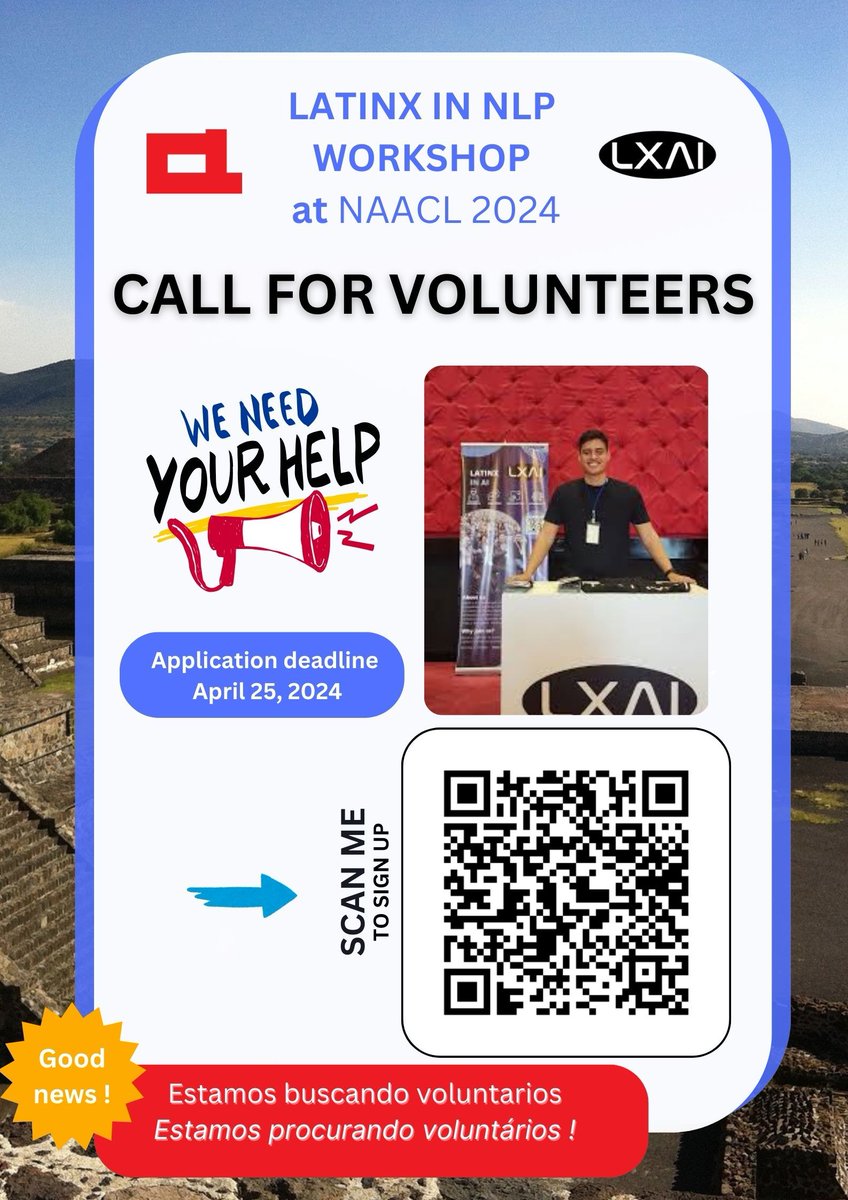 🚀Ready to dive into the world of #NLP and empower LatinX voices in AI 🤖? We need your energy and enthusiasm as a volunteer for the @_LXAI workshop at #NAACL Sign up now and be part of this inspiring journey: buff.ly/4cKA9pg Let's drive change together! #Volunteers💡🌍🤝