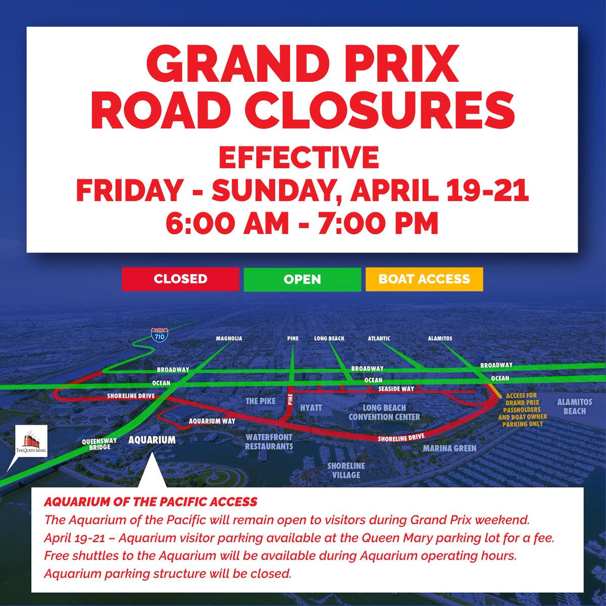 🚧LONG BEACH GRAND PRIX🚧
AQUARIUM OF THE PACIFIC ACCESS
Effective FRI-SUN, 4/19-21
▶︎ Aquarium parking structure will be closed. Visitor parking available at the Queen Mary parking lot for a fee &amp; FREE shuttles will be available during operating hours.

bit.ly/GP24Closure