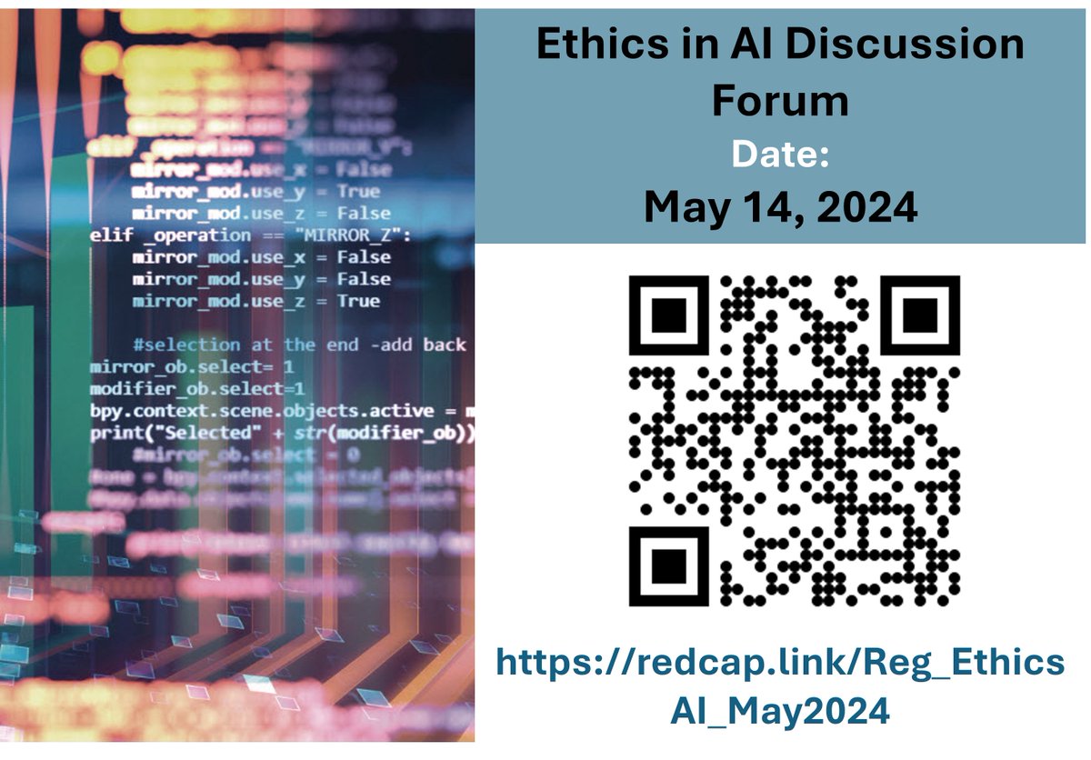 @LHBioinf_UTSW 

5/14 - #Ethics in #AI registration is open!

Join us for a day of great #conversations about ethics in AI in #BiomedicalResearch, #PatientCare, #MedicalEducation, and #HumanResources!

Details: shorturl.at/fgAZ0

Register: shorturl.at/dirM3