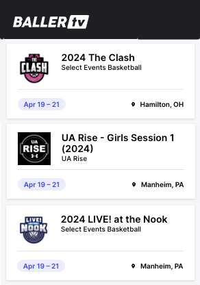 Looks like THE CLASH / UA RISE / LIVE! AT THE NOOK will be streamed on BallerTV @BallerTV. 

Girls UAA will be streamed on UANext website: underarmournext.com/basketball/gir…