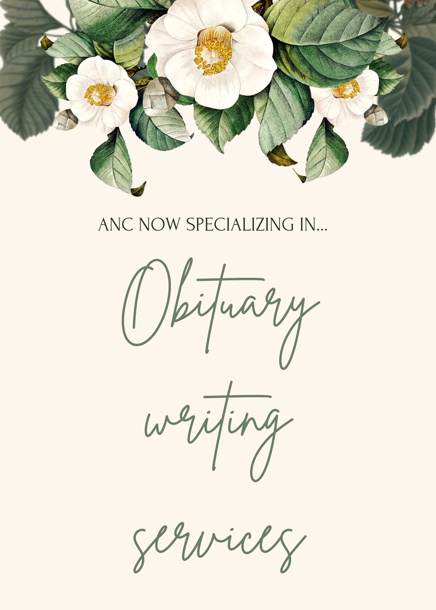 📢ANC is now offering obituary writing services.

ANC is now able to support families during an already challenging time by providing services to help tell the story of their loved one & keep them alive in memory. 🕊

#obituaryservices #iwriteforyou #writingservices