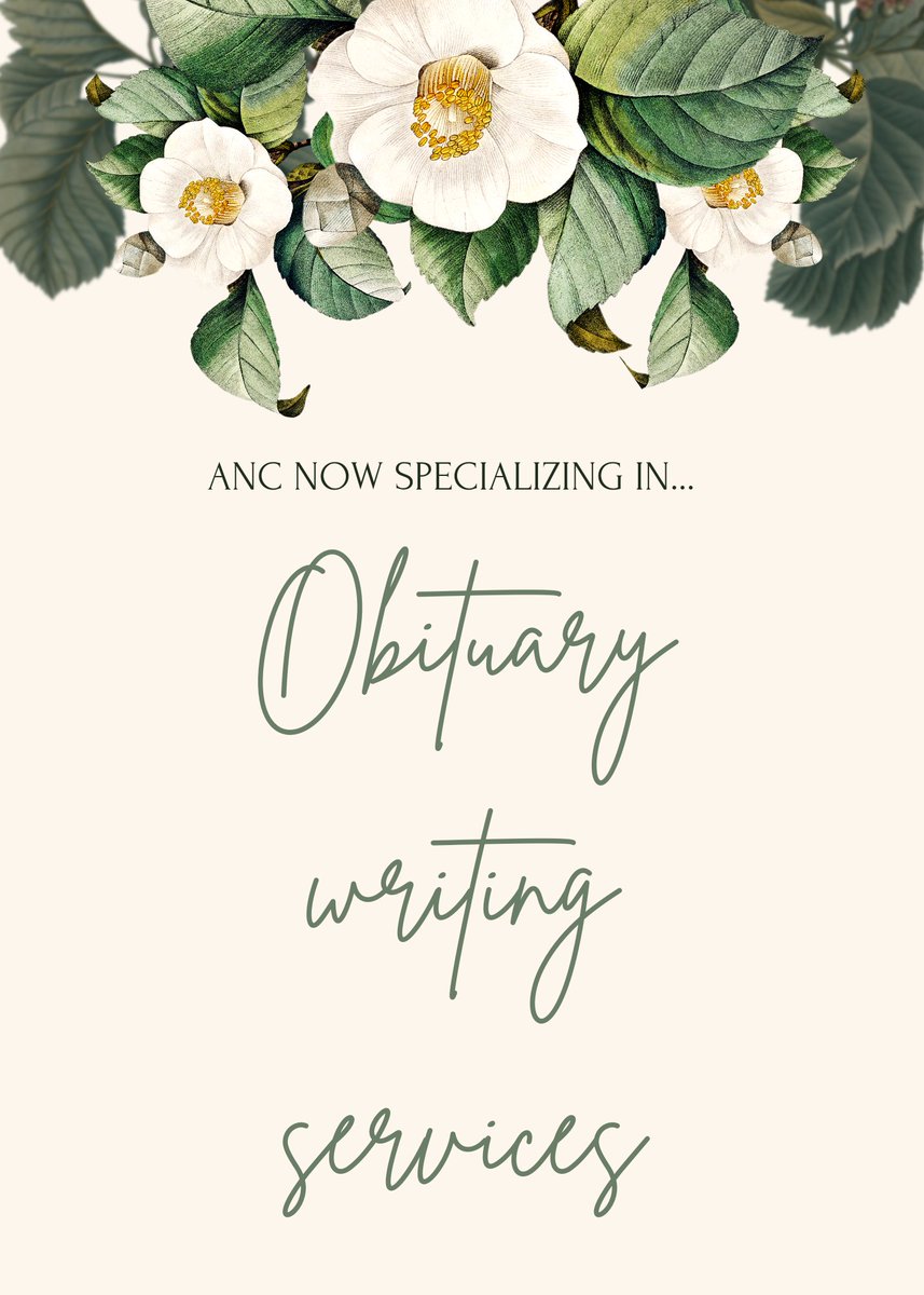 ANCwrites4u's tweet photo. 📢ANC is now offering obituary writing services.

ANC is now able to support families during an already challenging time by providing services to help tell the story of their loved one &amp; keep them alive in memory. 🕊

#obituaryservices #iwriteforyou #writingservices https://t.co/dMWOP0WfXV