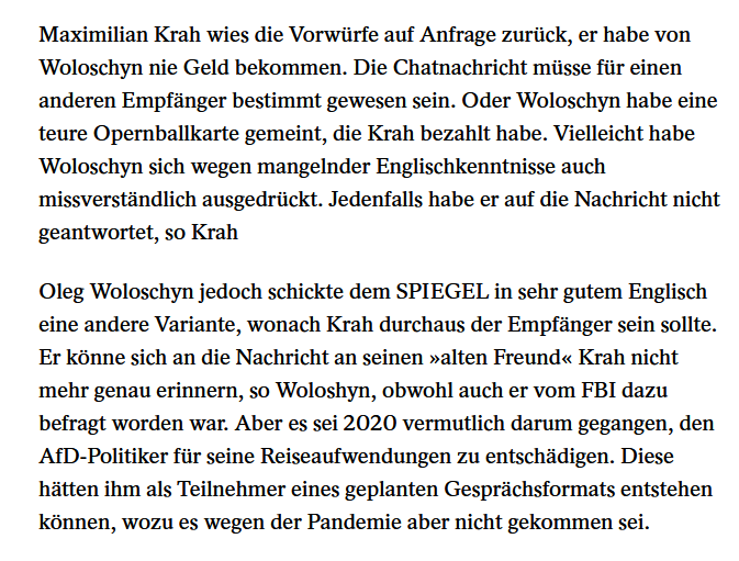 Woloschyns Aussage klingt anders als die Krahs - danach sei es in der Chatnachricht um Reiseaufwendungen gegangen, während Krah behauptet, niemals Geld von Woloschyn erhalten zu haben. € spiegel.de/politik/deutsc…