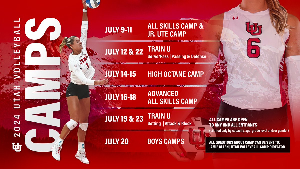 Want to sharpen your skills with some of the 𝙁𝙄𝙉𝙀𝙎𝙏 coaching around⁉️

Mark your 🗓 for our 2024 Utah Volleyball Camps 🙌

Register 𝐓𝐎𝐃𝐀𝐘 ‼️

📋universityofutahvolleyballcamps.com/index.cfm

#GoUtes