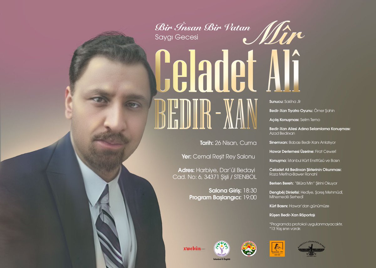 Bir İnsan Bir Vatan: Mîr Celadet Alî Bedir-Xan
Kökü toprağında yaprakları sürgünde açan ulu çınarımız.
Sayısız özelliğiyle büyük bir değeri, mayamıza ruhunu katmış Mîr Celadet Alî Bedir-Xan’ı anıyoruz. 
Karanlık bir dönemde aydınlık bir geleceğin tohumlarını atan bu büyük ismi