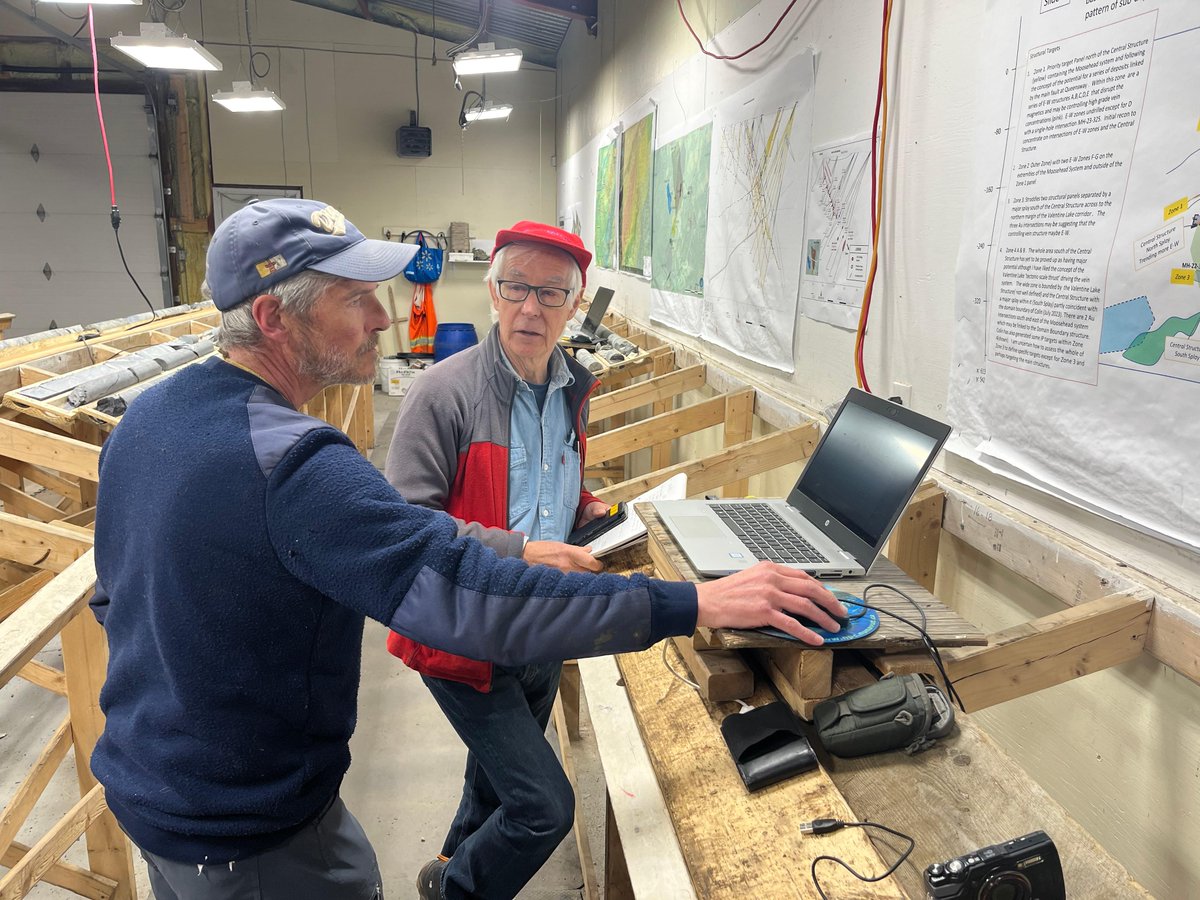 (L to R) Dr. Hamish Sandeman (Geological Survey of NL) and Structural Consultant, Dr. David Coller discuss 552 Zone drill core at the Sokoman Minerals core shack

$SIC.V #juniormining #gold #discovery #newfoundland #juniorexploration #moosehead