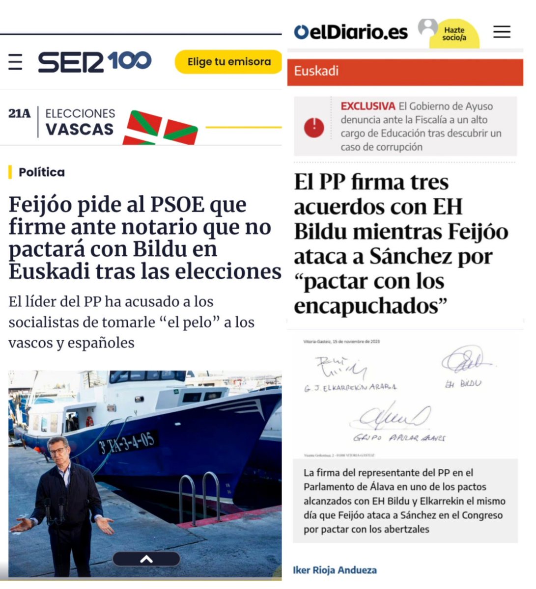 Y si le te recordamos a @NunezFeijoo cuando él autorizaba al @ppopular a firmar pactos con EH Bildu y no hace tanto, y estos son los más recientes, hubo varios más en el pasado no tan lejano.

#FeijooMentiroso