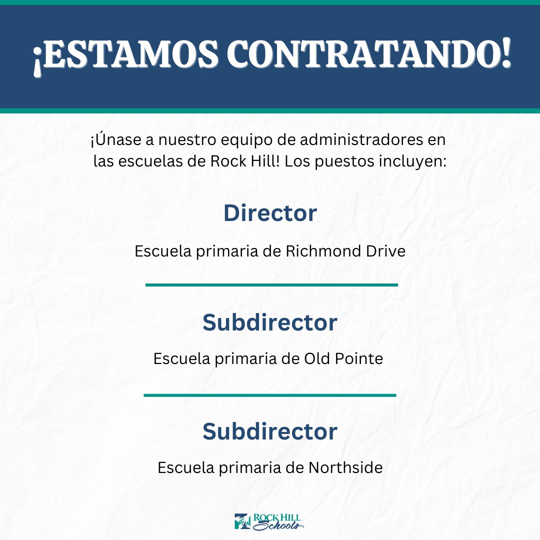 Apply to one of our three open administrative opportunities in our elementary schools. If you are interested, please apply to our current Administrative Pools on our job board here: rock-hill.k12.sc.us/Page/11689