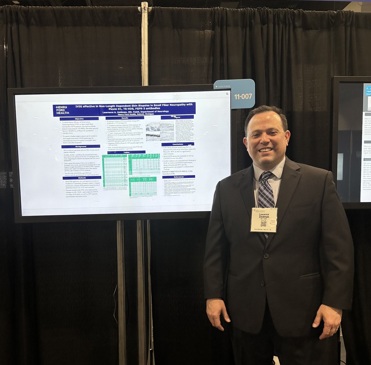 #AANAM Great discussion on immune small fiber neuropathy treatment with IVIG this morning at my AAN poster “IVIG effective in Non-Length Dependent Skin Biopsies in Small Fiber Neuropathy with Plexin D1, TS-HDS, and FGFR-3 antibodies”