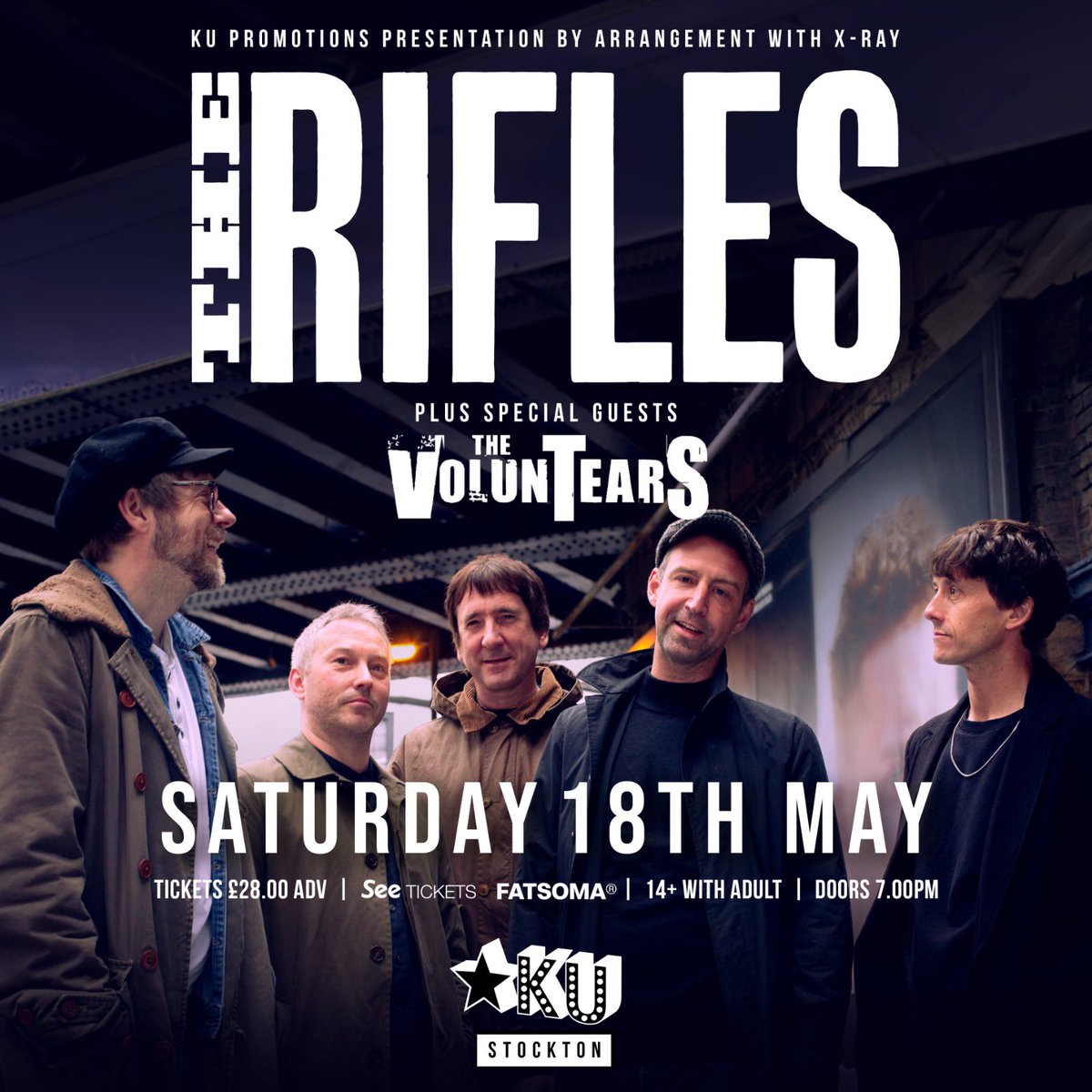 This very special show with The Rifles is fast approaching 👀 We’re excited to announce they’ll be joined by special guests The Voluntears this May 🙌 We can’t wait for this one and there’s not many tickets left now! Get yours here ⬇️ 🎫 fatsoma.com/e/a70d1umf/la/…