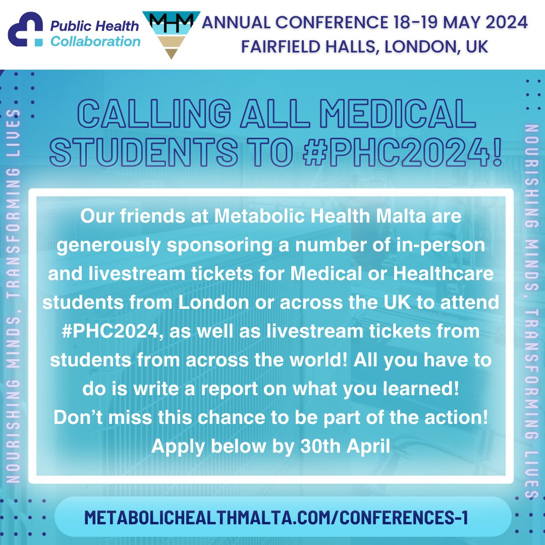 CONFERENCE NEWS! We’ve just launched a fantastic scheme for medical and healthcare students to gain sponsored places at #PHC2024, courtesy of Metabolic Health Malta. Please share far and wide with any students to get the word out! Find out more at metabolichealthmalta.com/conferences-1