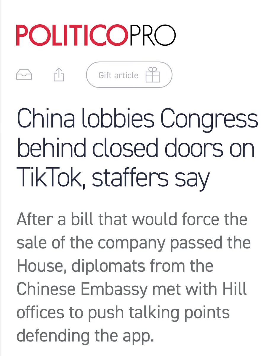 A bombshell scoop from @Hailey_Fuchs of @politico “The Chinese Embassy has held meetings with congressional staff to lobby against the legislation that would force a sale of TikTok, according to two of the Capitol Hill staffers.”