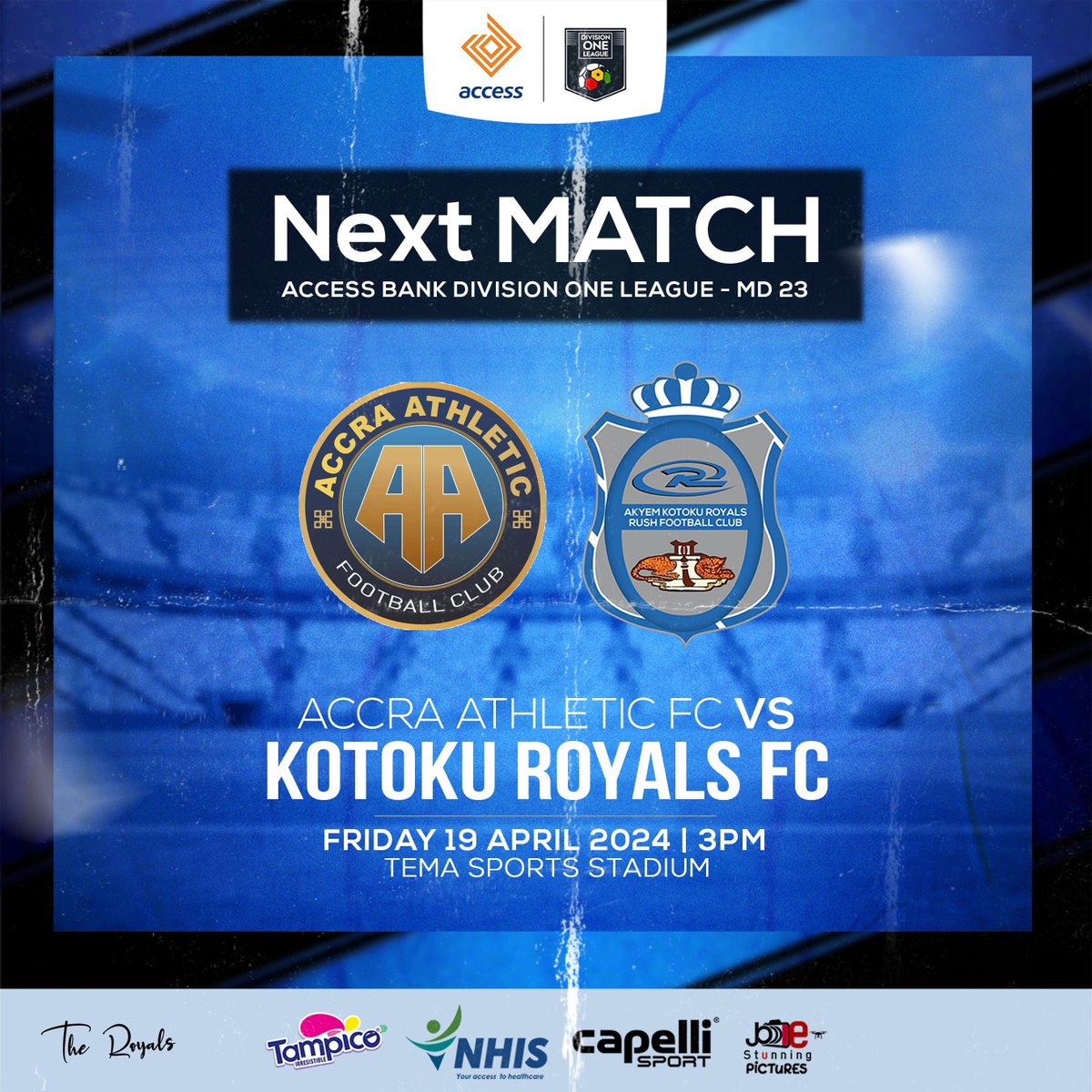 Trip to TEMA ⚽ | ᑎᗴ᙭Ꭲ ᗰᗩᎢᑕᕼ 🆚 @AccraAthletic 🏆 @DivisionOneGH 🏟 Tema Sports Stadium 📆 Friday, 19th April, 2024 ⏱ 3:00 PM #akkrfc #kotokuroyalsfc #divisiononeleague #Royals