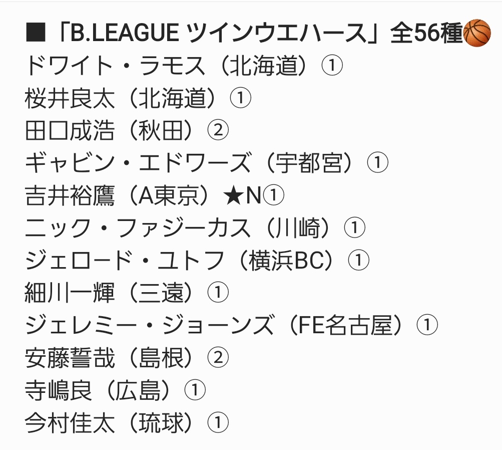 mk_muumee's tweet photo. 【Bリーグウエハース】

(求)ボンズ選手1枚、馬場選手(N.R)
富樫選手(N.R)、河村選手(N.R)
比江島選手(N.R)

(譲)画像参照

買取も可能ですが
交換優先でお願い致します🙏

お心当たりがある方はお気軽に
リプまたはDMお願いします🌷

#Bリーグウエハース
#Bリーグ https://t.co/3lK78NrCNc