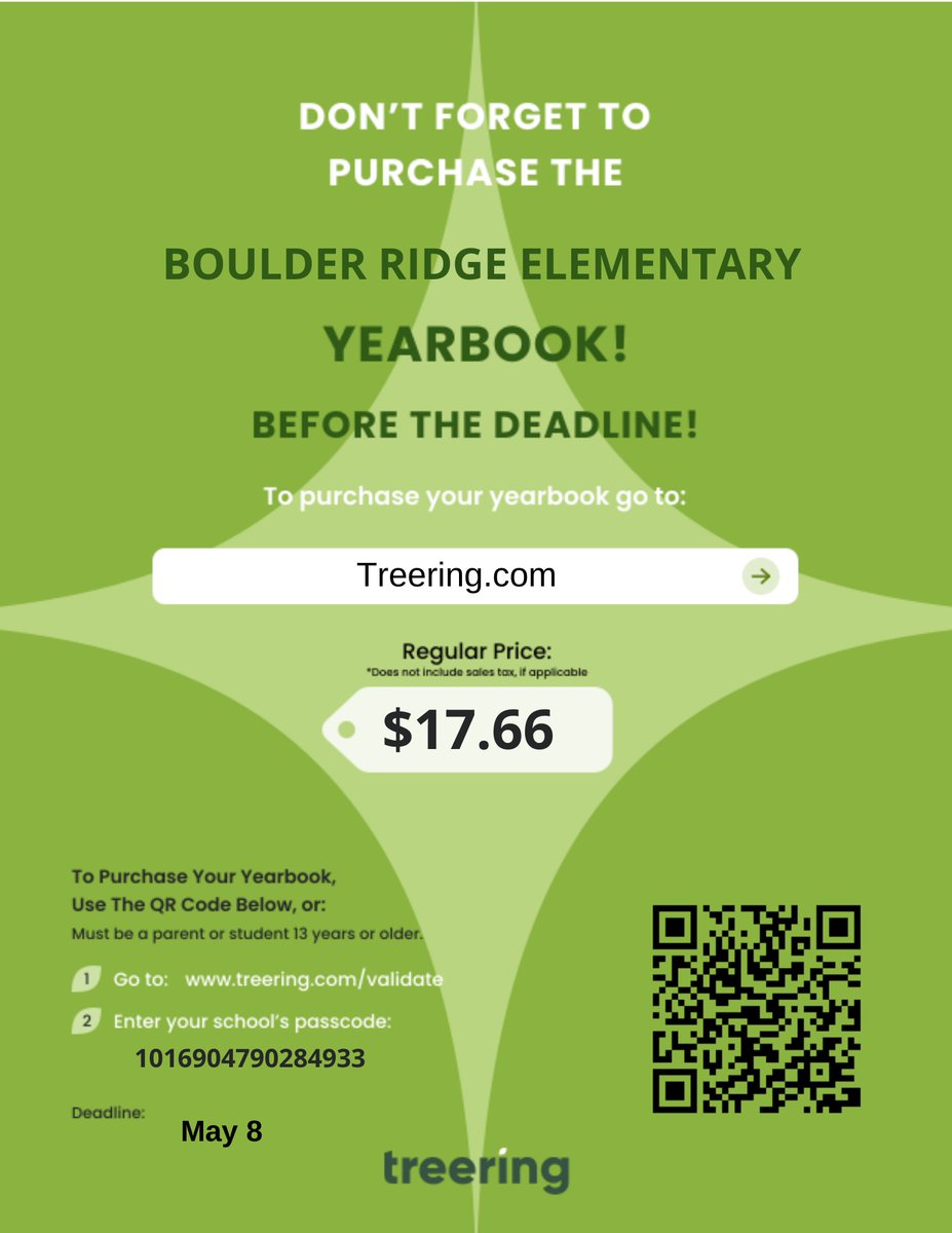 Boulder Ridge Elementary Yearbooks are on sale now! Scan the QR code to order or visit web.treering.com/validate and enter our school's passcode: 1016904790284933 Order by May 8th!