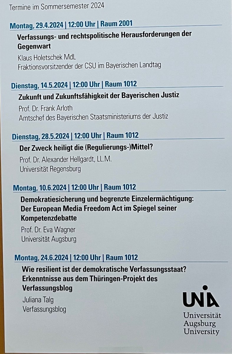 Augsburger Rechtsgespräche im Sommersemester, ua mit @klausholetschek, veranstaltet von meinen Kollegen @toblu_de und Daniel Wolff. @uni__augsburg