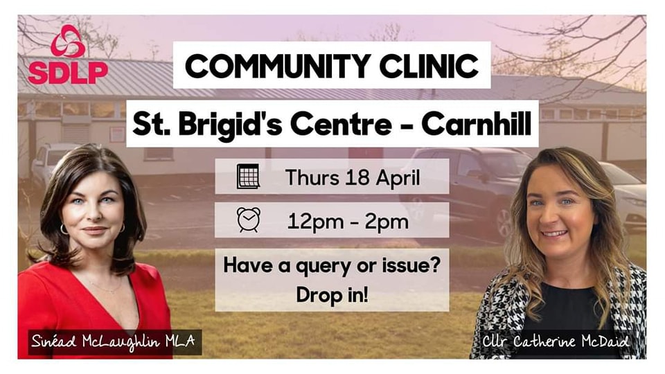 Cllr Catherine McDaid and I will be at St. Brigid's Centre tomorrow (Thursday) between 12pm and 2pm We're here to help on a wide range of issues from housing and health to potholes and passports, plus plenty more in between. Just drop in, no appointment needed.