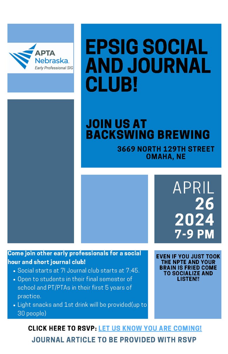 Come join us for a social & short journal club next week! Even if you just took the NPTE and your brain is fried, just come out to socialize & listen! 
RSVP: signupgenius.com/go/10C0B4BA4AA…

#physicaltherapy #earlyprofessionalspecialinterestgroup #APTANEepsig #APTANEnssig #socialhour